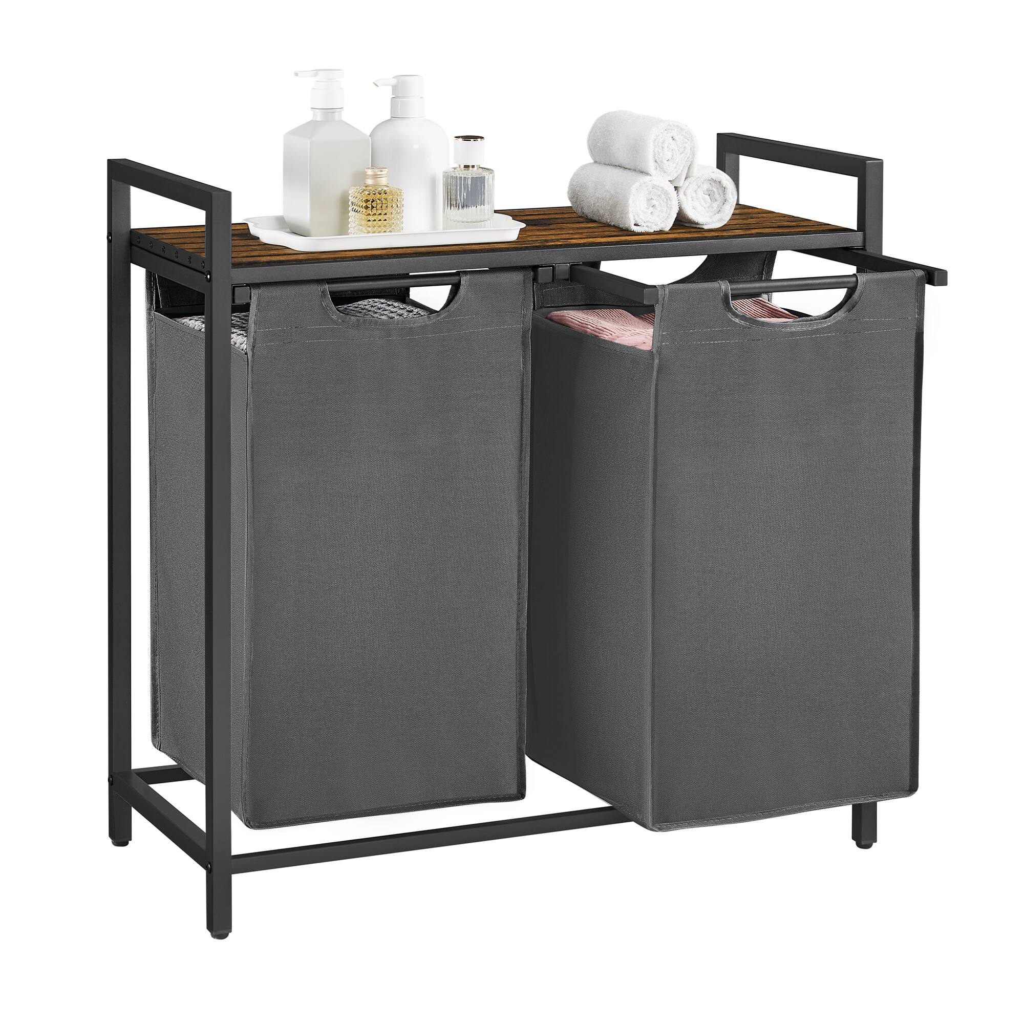 Songmics Home - Laundry Basket, 2-Compartment Laundry Hamper, Pull-Out and Removable Laundry Bags, Laundry Sorter, Shelf, Metal Frame - Rustic Brown and Grey