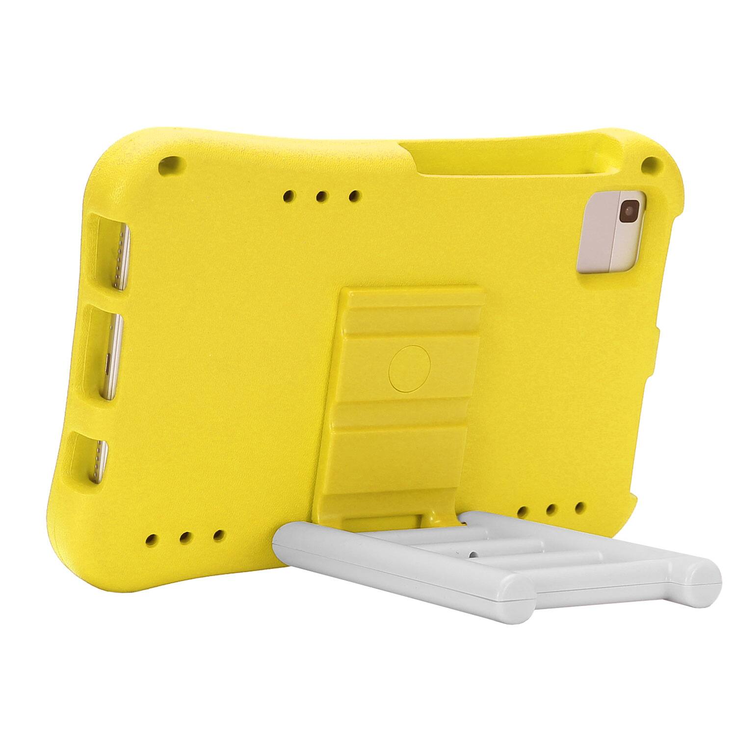 The image shows a yellow phone case with a white stand attached to it.