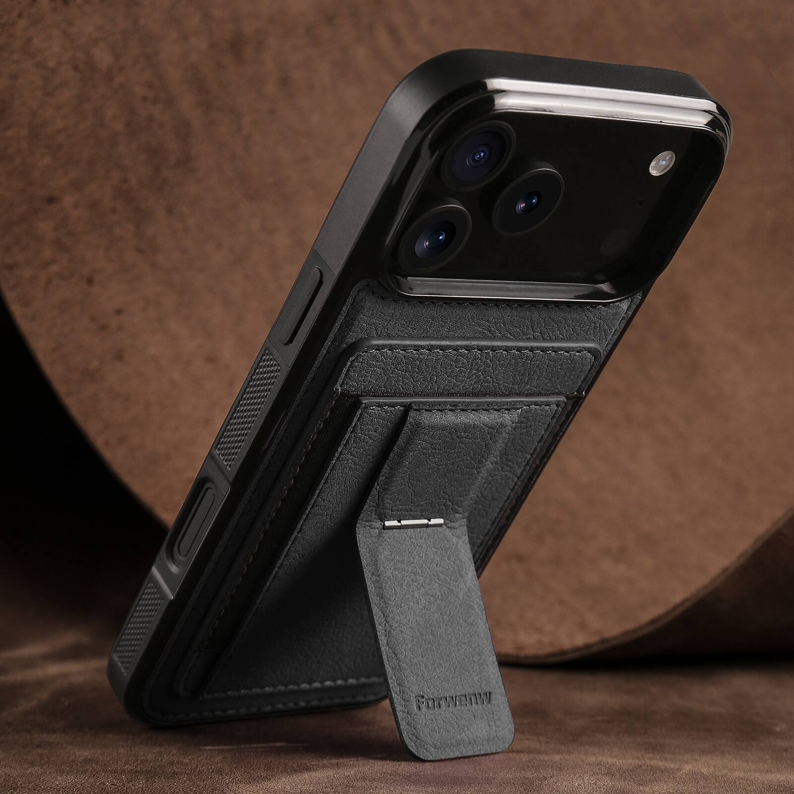 Angle. Dteck - Slim Card Holder Case for Apple iPhone 17 Pro Max, Shockproof Wallet Protective Cover with Kickstand - Black.