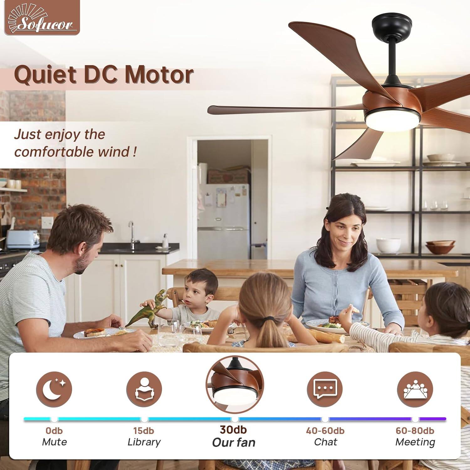 Quiet DC Motor

Just enjoy the comfortable wind!

0db Mute  
15db Library  
30db Our fan  
40-60db Chat  
60-80db Meeting