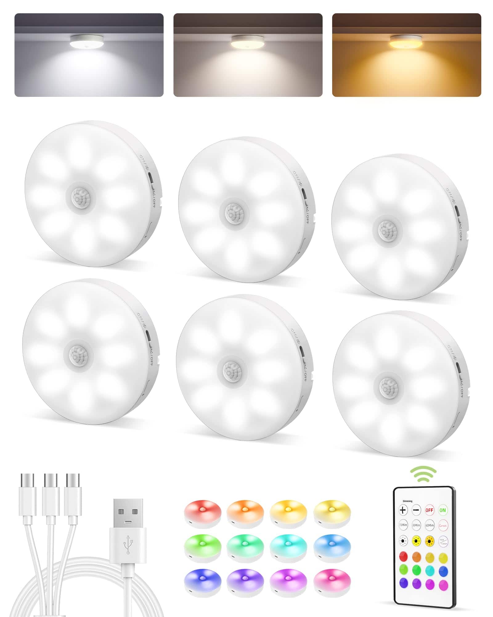 EZVALO - Puck Light Wireless Motion Sensor with Remote-RGB-6 Pack - White