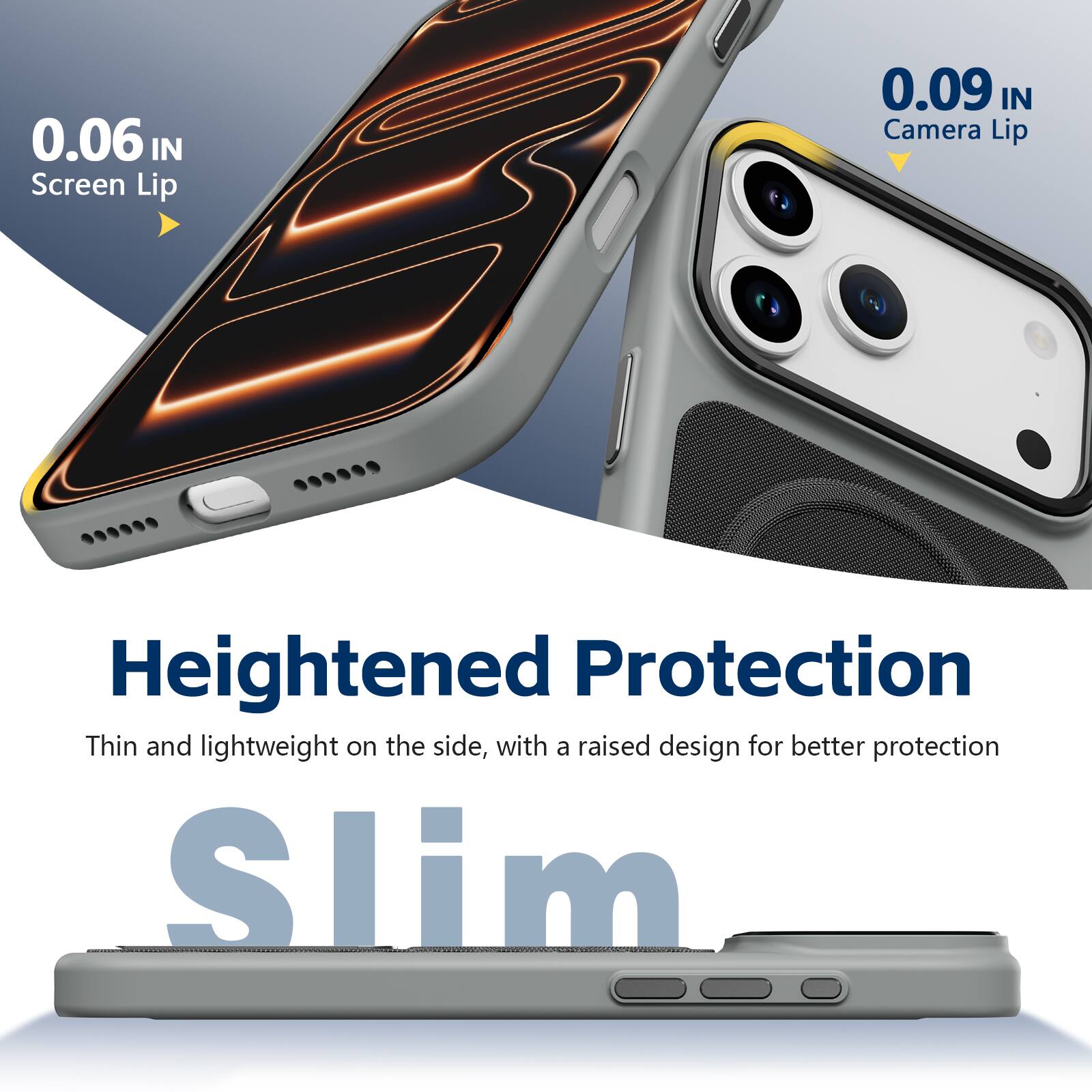 0.06 IN Screen Lip  
0.09 IN Camera Lip  
Heightened Protection  
Thin and lightweight on the side, with a raised design for better protection  
Slim