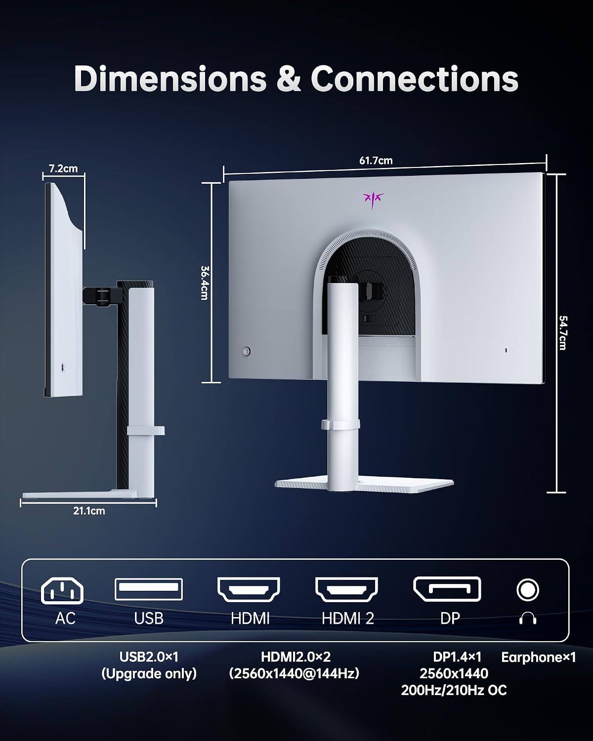 Dimensions & Connections

7.2cm  
61.7cm  
36.4cm  
54.7cm  
21.1cm  

AC  
USB  
HDMI  
HDMI 2  
DP  
USB2.0x1 HDMI2.0x2 DP1.4x1 Earphonex1 (Upgrade only) (2560x1440@144Hz) 2560x1440 200Hz/210Hz OC