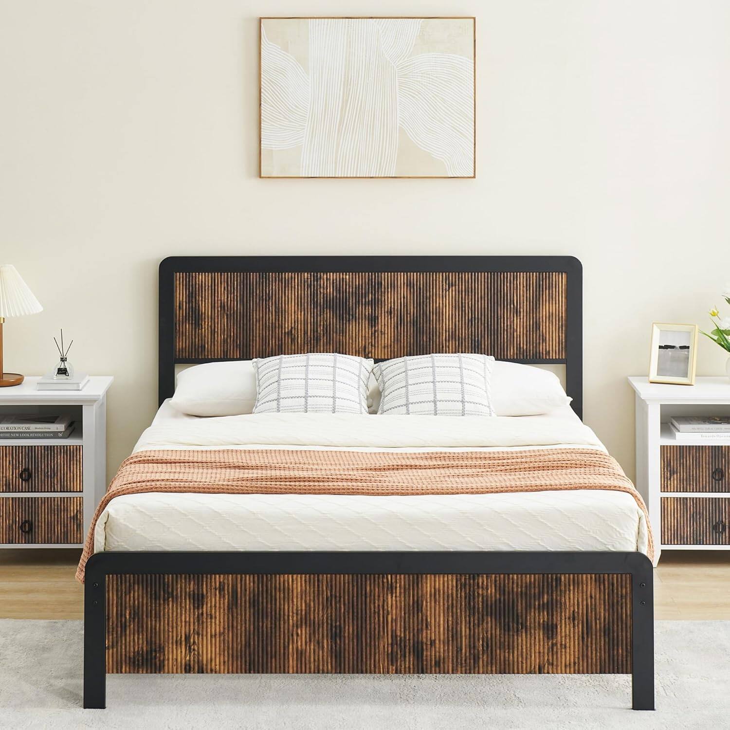 Front. Acekool - 13.8 Inch Queen Size Bed Frame with Headboard & Footboard, Wood & Metal Platform, Storage, Noise-Free, Brown - Brown.