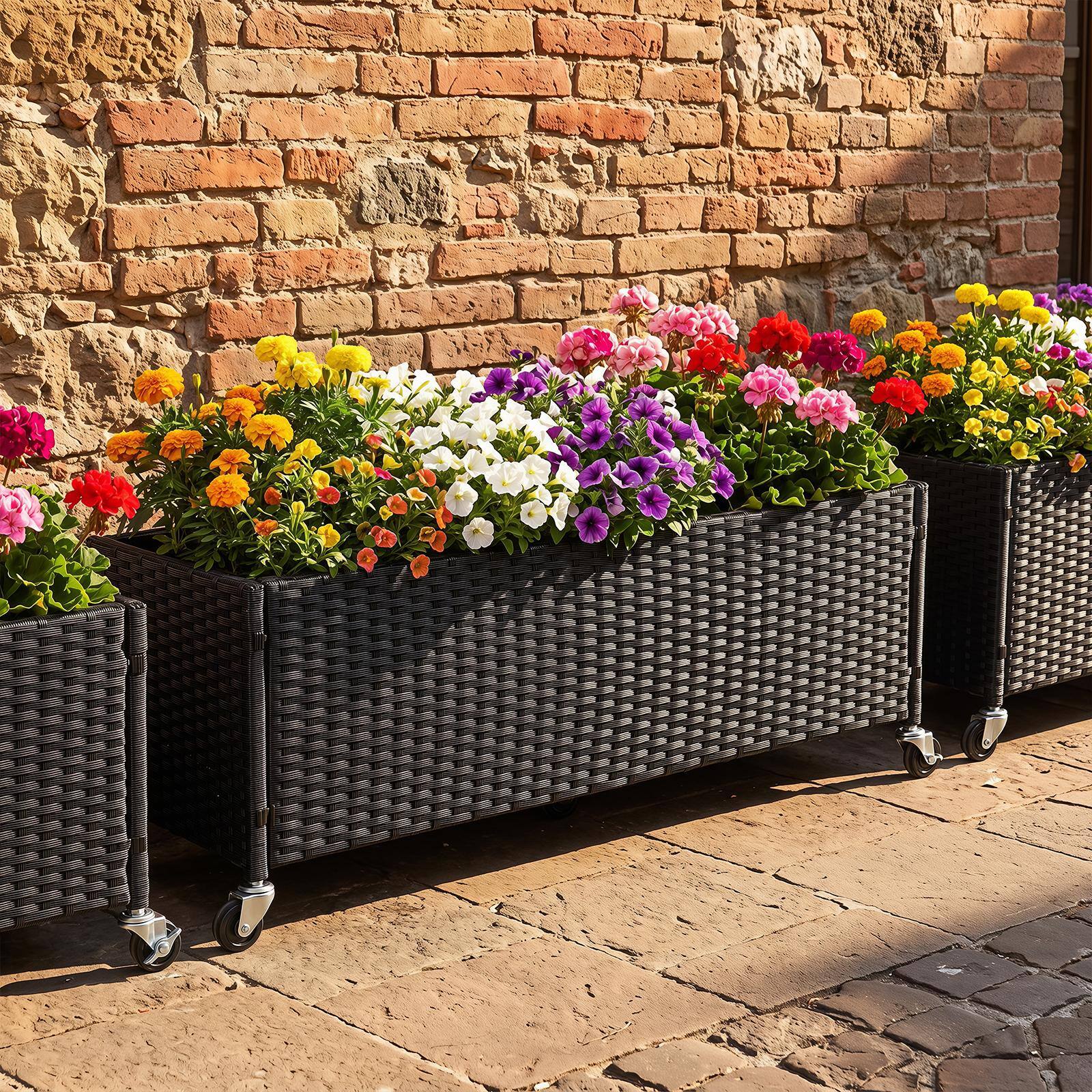 Alt View 3. Costway - Costway Raised Garden Bed with Lockable Wheels, PE Rattan, Liner Fabric for Flower - Black.