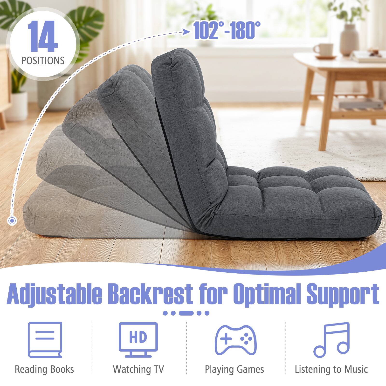 14 Positions 102-180° Adjustable Backrest for Optimal Support: Reading Books, Watching TV, Playing Games, Listening to Music