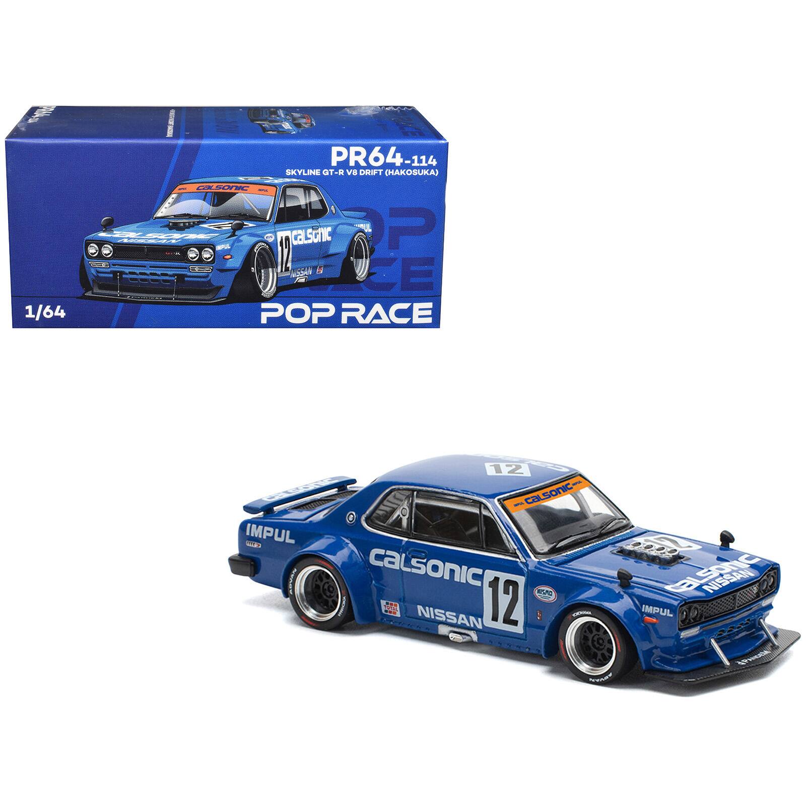 Skyline GT-R V8 Drift "Hakosuka" RHD #12 "Calsonic" Blue with Graphics 1/64 Diecast Model Car by Pop Race