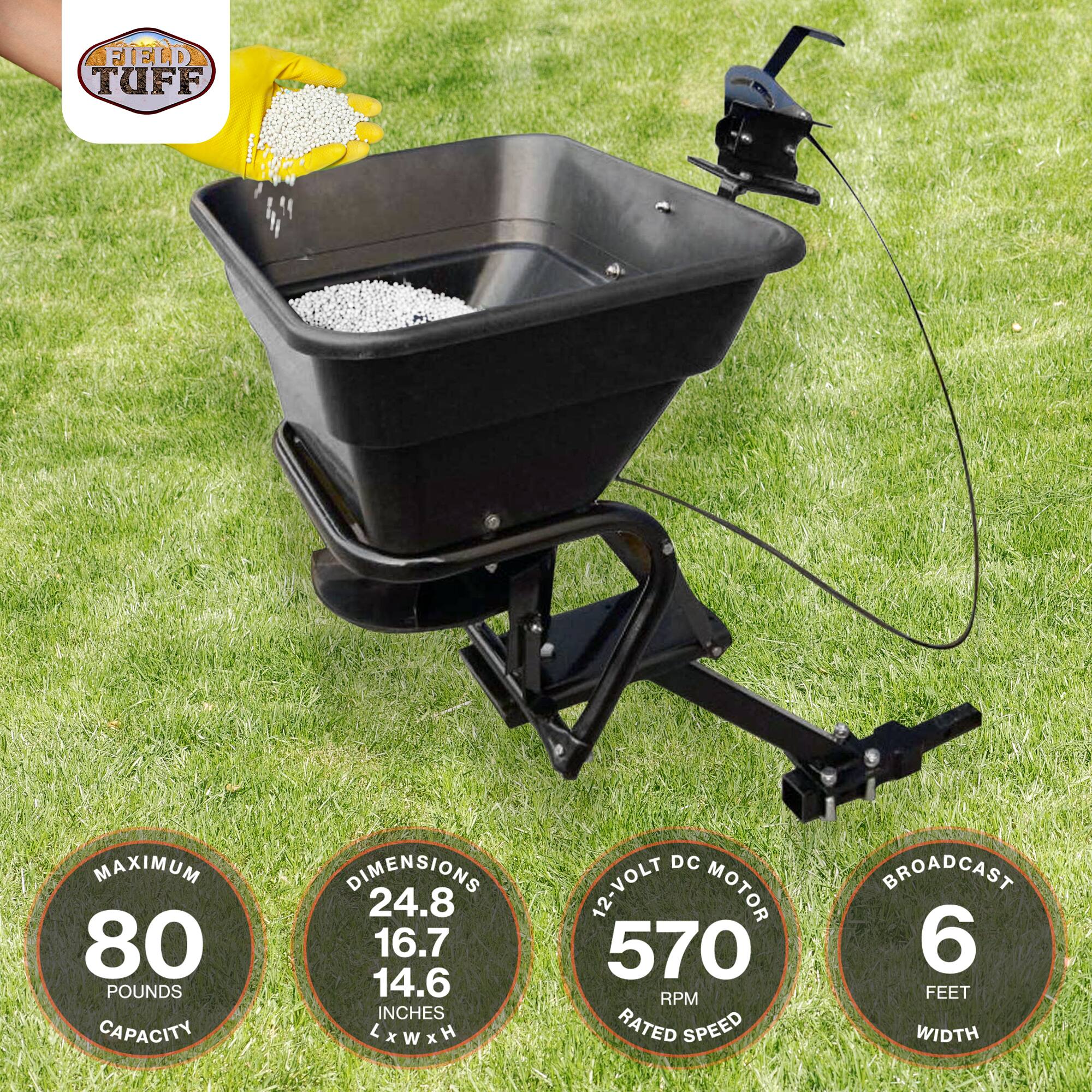 FIELD TUFF

- MAXIMUM CAPACITY: 80 POUNDS
- DIMENSIONS: 24.8 x 16.7 x 14.6 INCHES (L x W x H)
- DC 12-VOLT MOTOR: 570 RPM RATED SPEED
- BROADCAST WIDTH: 6 FEET