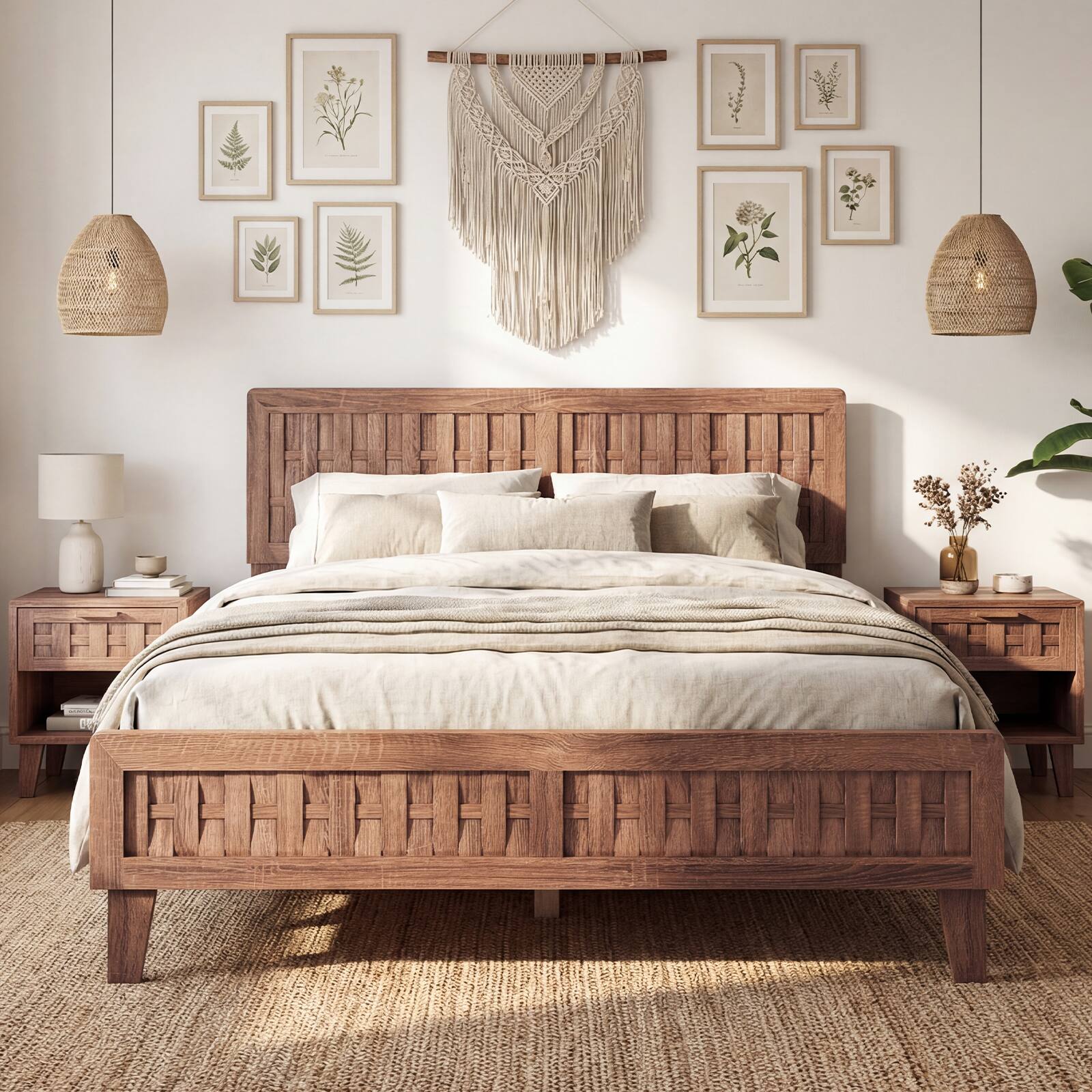 Alt View 1. Costway - Costway Queen Size Bed Frame with Woven Accent Headboard & Footboard, Wooden Slat Support - Walnut.