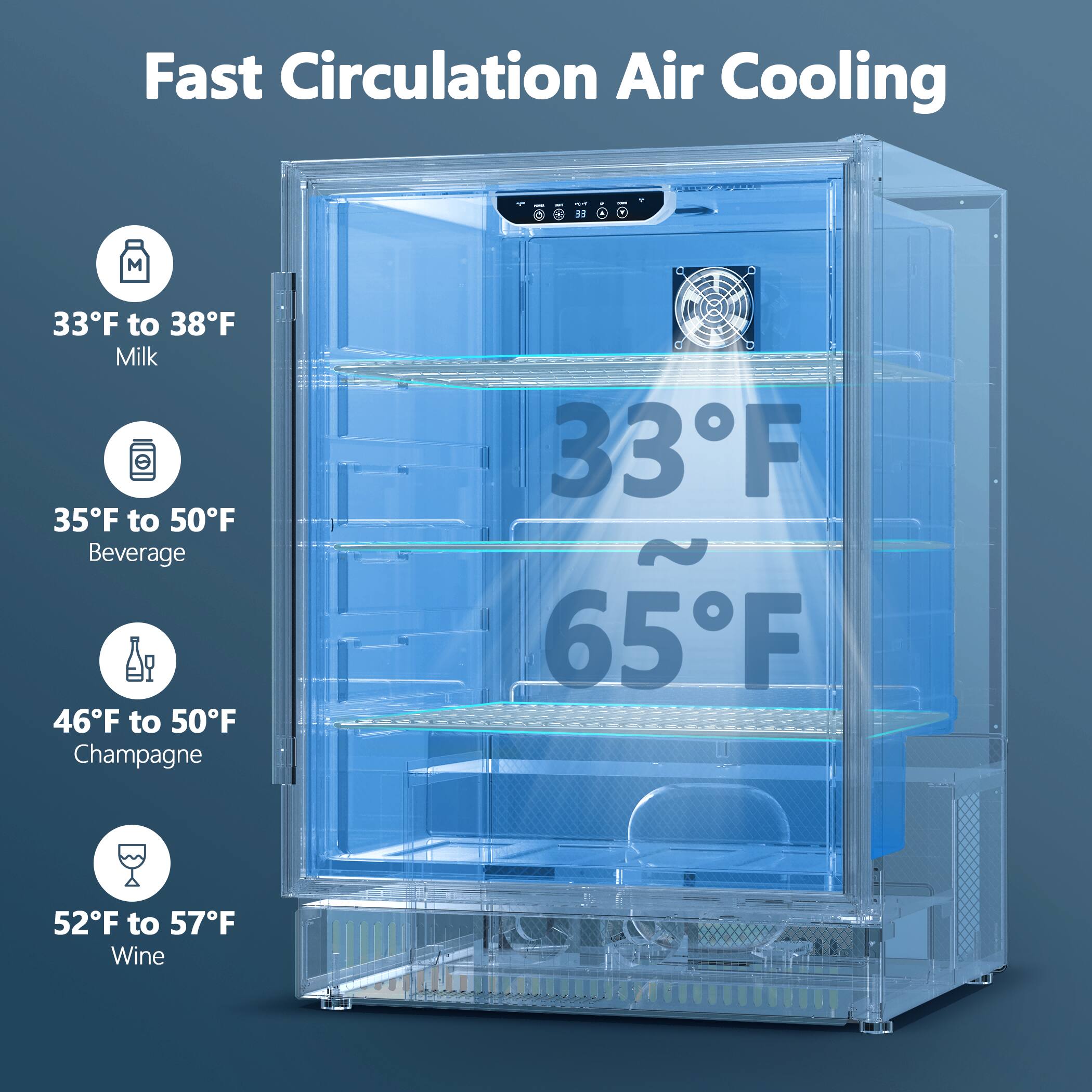 Fast Circulation Air Cooling

- Milk: 33°F to 38°F
- Beverage: 35°F to 50°F
- Champagne: 46°F to 50°F
- Wine: 52°F to 57°F

33°F to 65°F