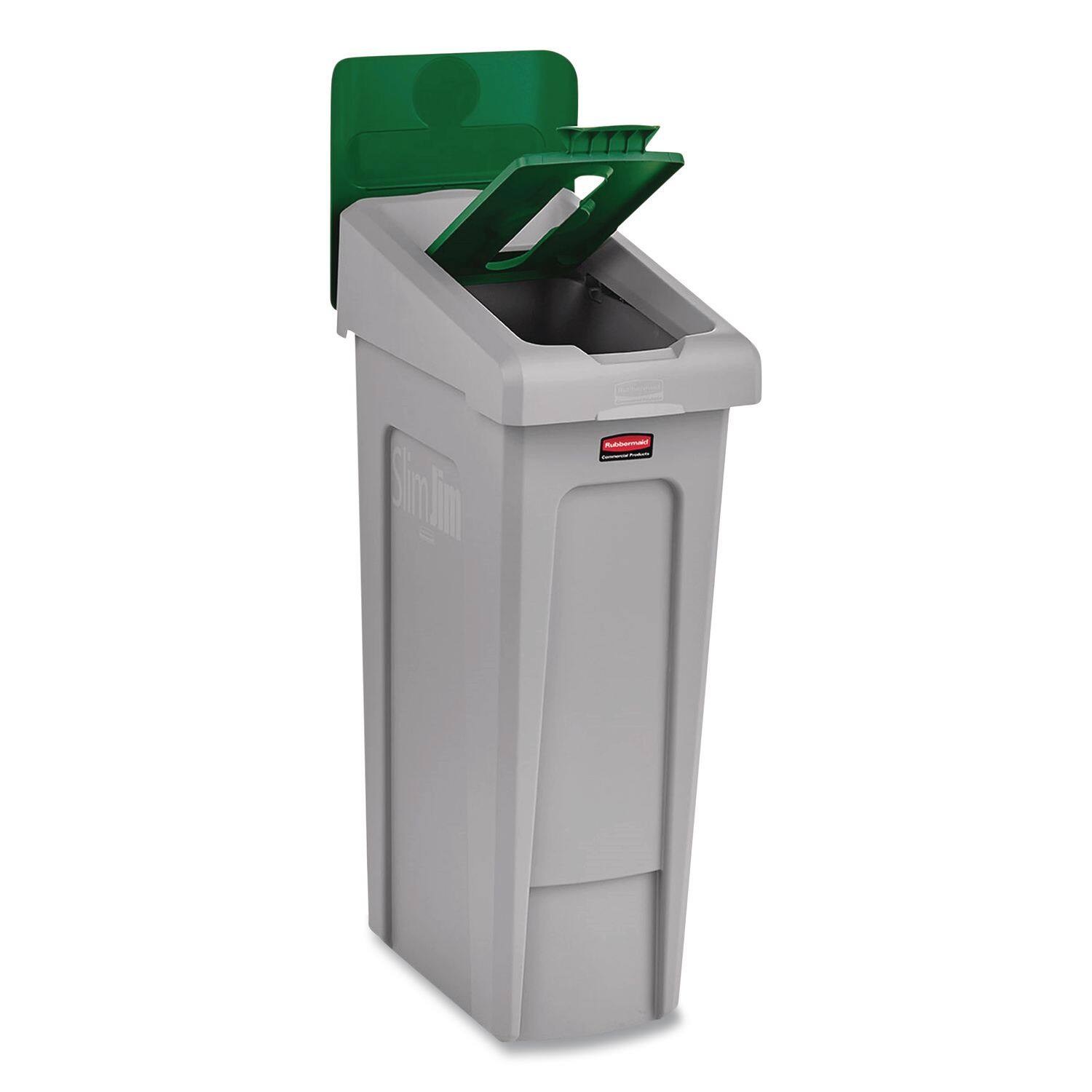 Left. RubberMaid - Slim Jim Recycling Station Kit, 1-Stream Paper, 23 gal, Plastic, Green/Gray.