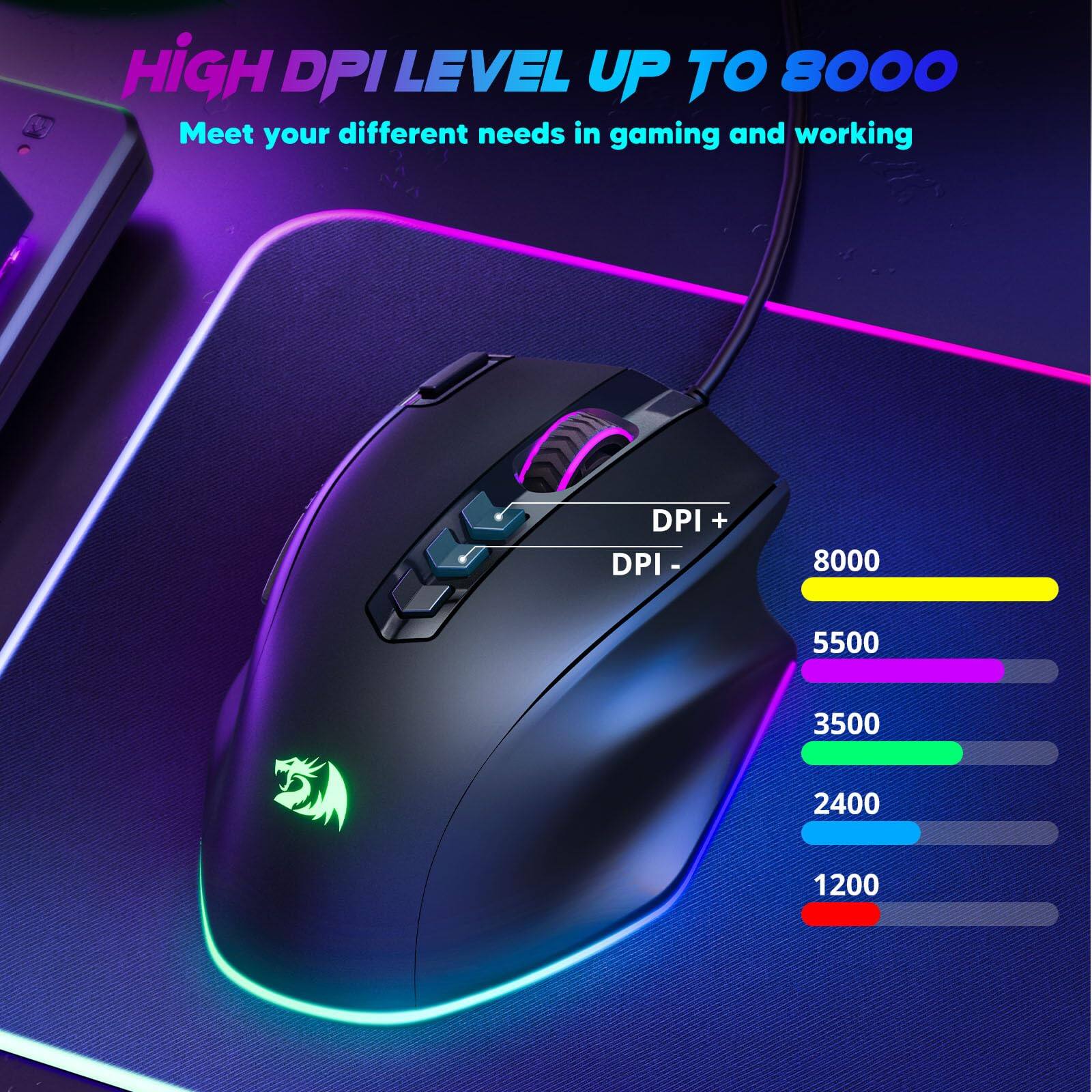 HIGH DPI LEVEL UP TO 8000  
Meet your different needs in gaming and working  

DPI +  
DPI -  

8000  
5500  
3500  
2400  
1200