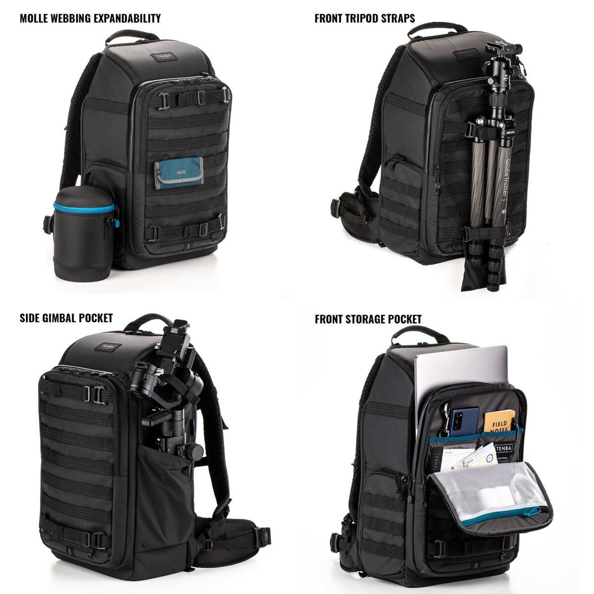 MOLLE WEBBING EXPANDABILITY  
FRONT TRIPOD STRAPS  
SIDE GIMBAL POCKET  
FRONT STORAGE POCKET