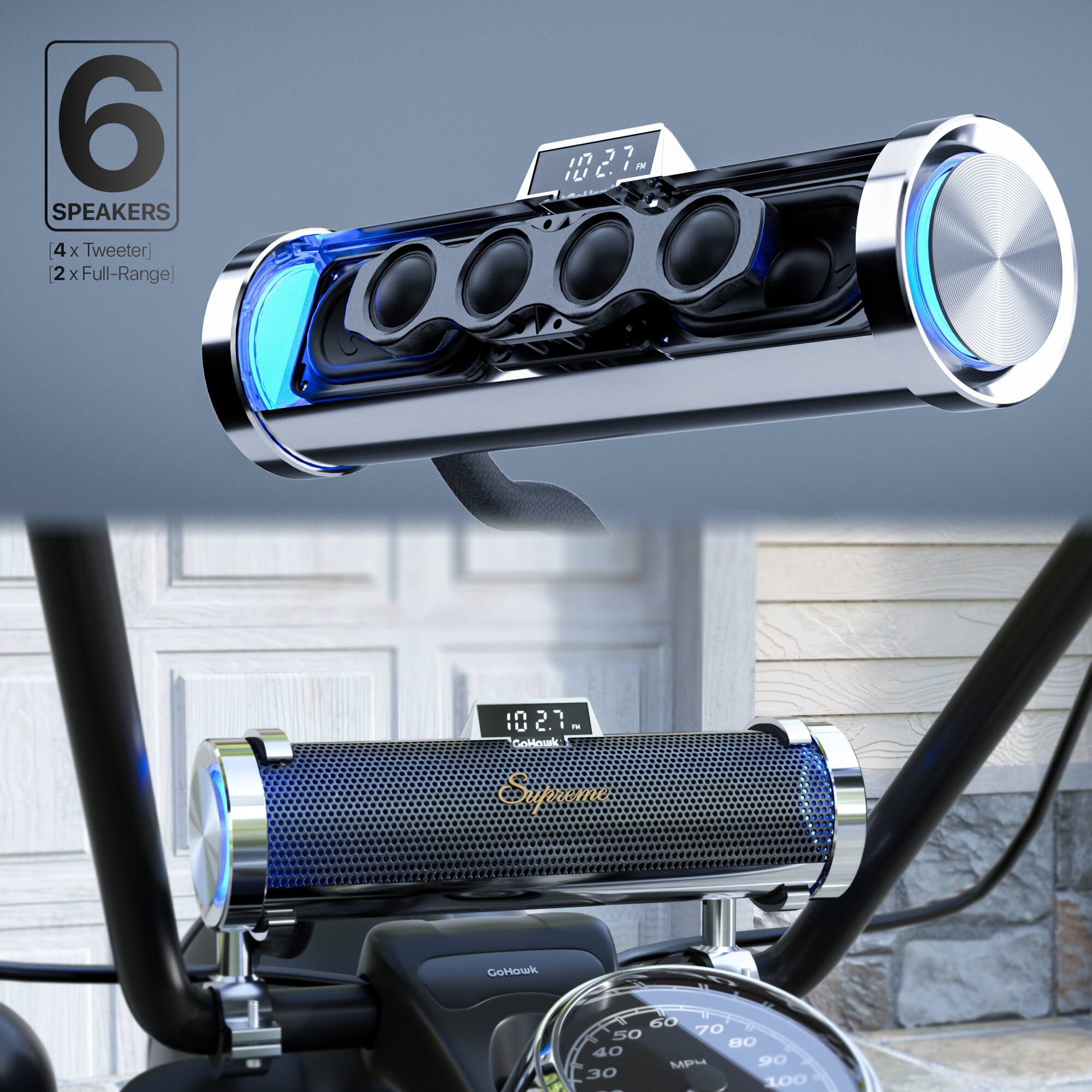 6 SPEAKERS  
[4 x Tweeter]  
[2 x Full-Range]  

102.7 FM  
Supreme  

GoHawk