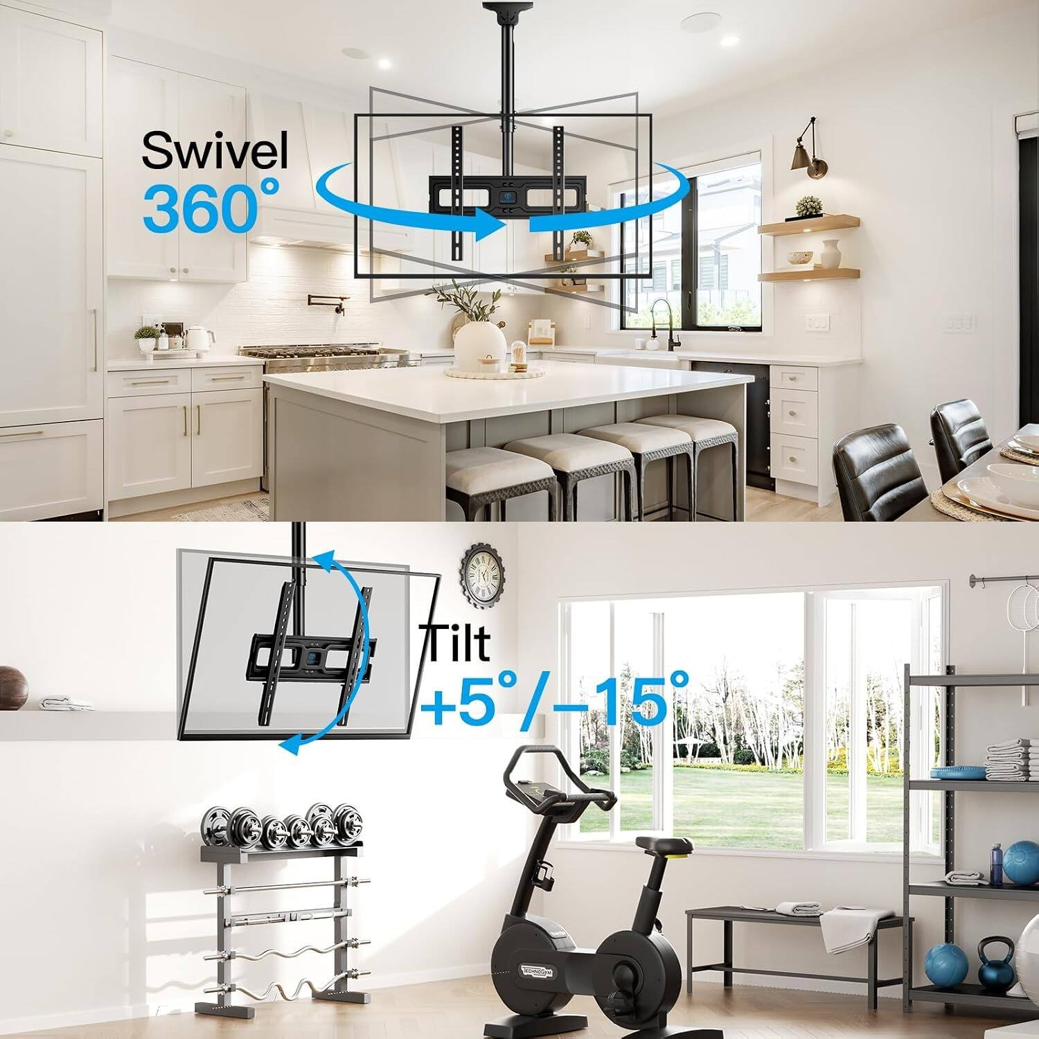 Swivel 360°  
Tilt +5°/-15°