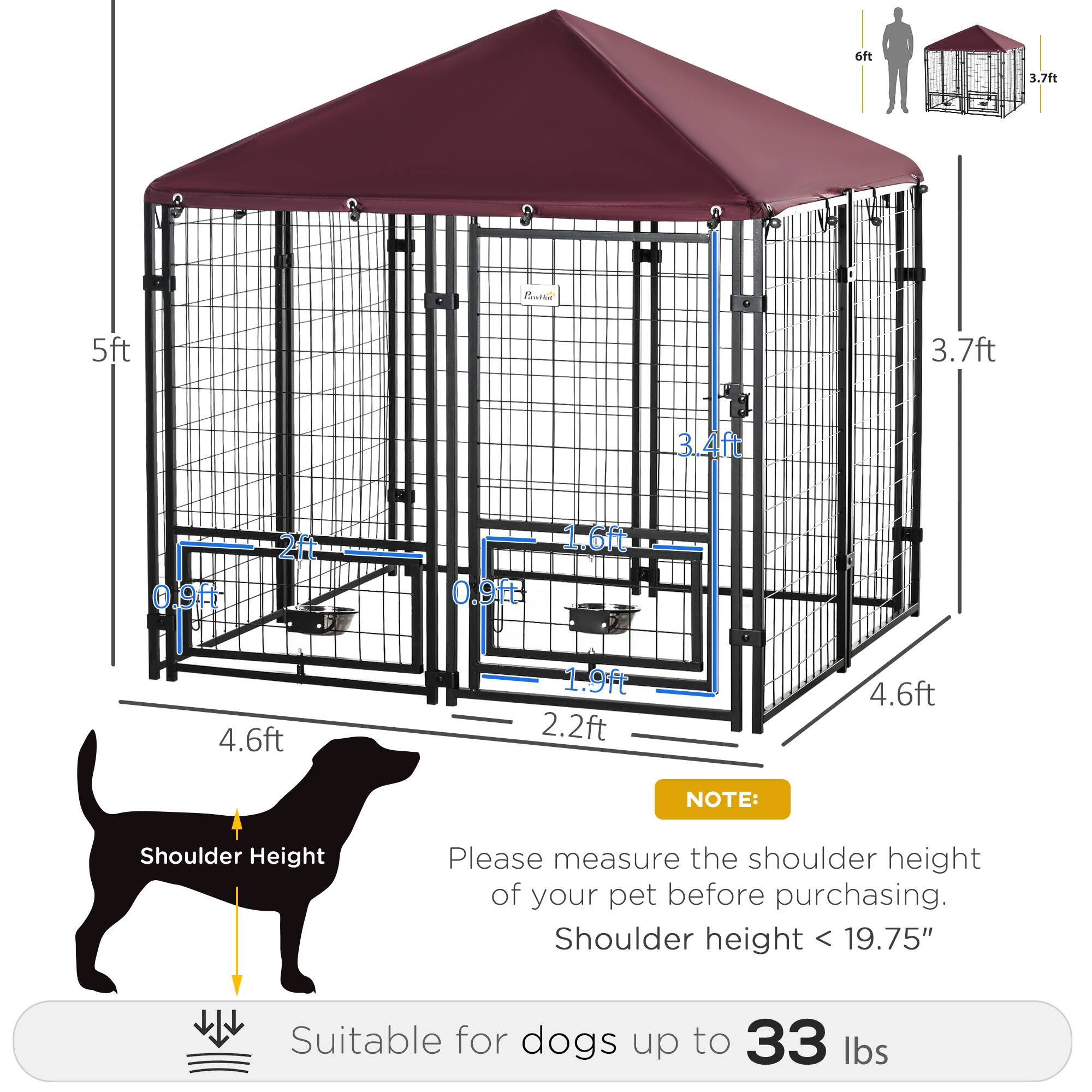 - 6ft
- 3.7ft
- 5ft
- 3.7ft
- 3.4ft
- 0.9ft
- 2ft
- 1.6ft
- 0.9ft
- 4.6ft
- 1.9ft
- 2.2ft
- 4.6ft

NOTE: Please measure the shoulder height of your pet before purchasing. Shoulder height < 19.75" Suitable for dogs up to 33 lbs