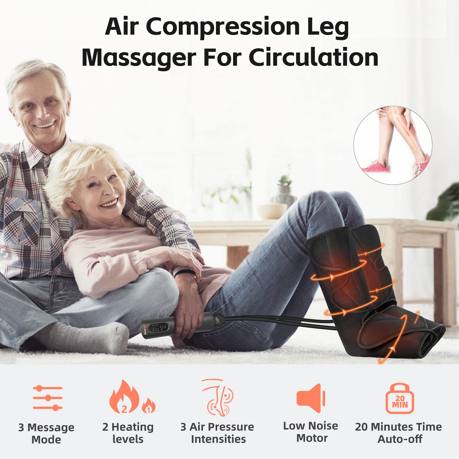 Air Compression Leg Massager For Circulation

- 3 Message Mode
- 2 Heating levels
- 3 Air Pressure Intensities
- Low Noise Motor
- 20 Minutes Time Auto-off