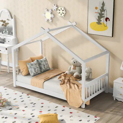 Front. Spaco - Spaco Twin House Bed with Roof Headboard, Low Platform Design, Solid Pine Wood Frame and Easy Assembly for Kids Room - White.