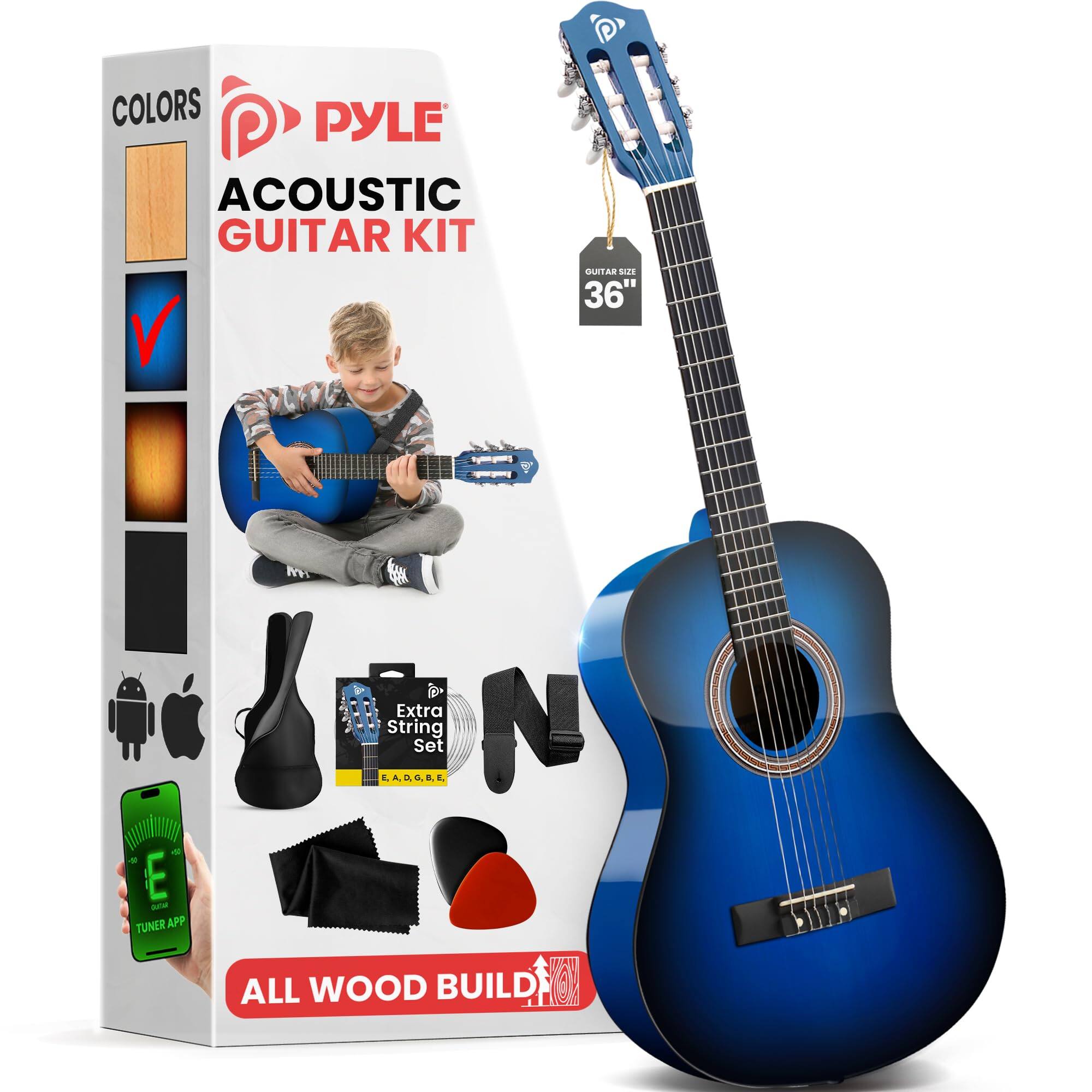 COLORS PYLE ACOUSTIC GUITAR KIT ALL WOOD BUILD GUITAR LE 36" Extra String Set LADGRE E ame TUNER APP