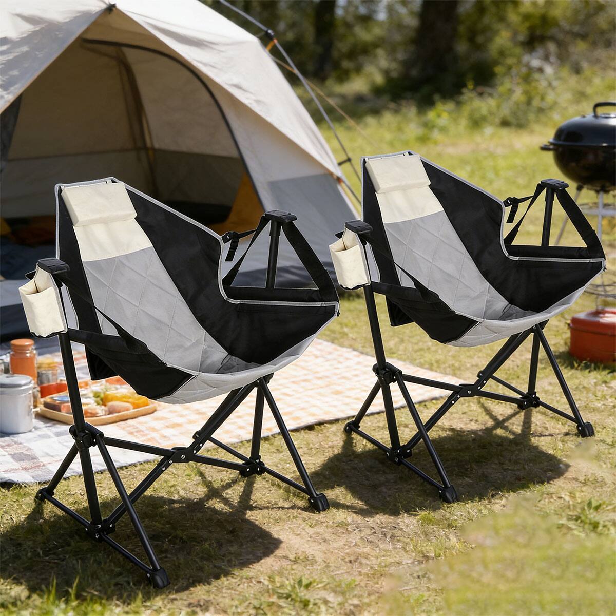 Angle. Ainfox - Ainfox 2PCS Hammock Camping Chair w/Adjustable Backrest and Carrying Bag,Folding Rocking Chair for Camping Picnic - Black.