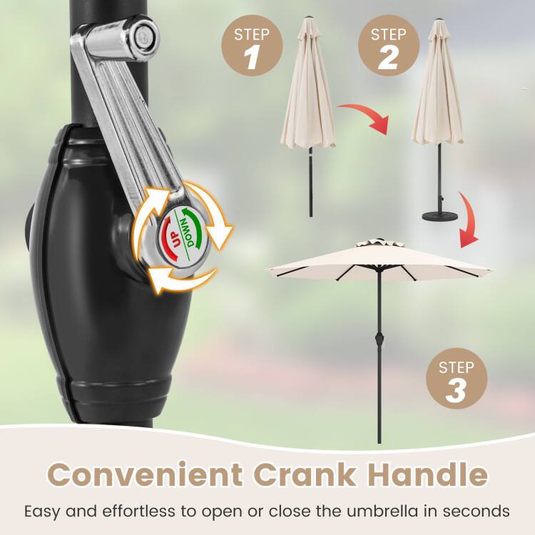 STEP 1  
STEP 2  
UP DOWN  
STEP 3  

Convenient Crank Handle  
Easy and effortless to open or close the umbrella in seconds