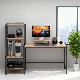 GOODSILO - Industrial Computer Desk with Reversible Shelves and Elevated Monitor Stand for Home Office Workstation - Black+Brown