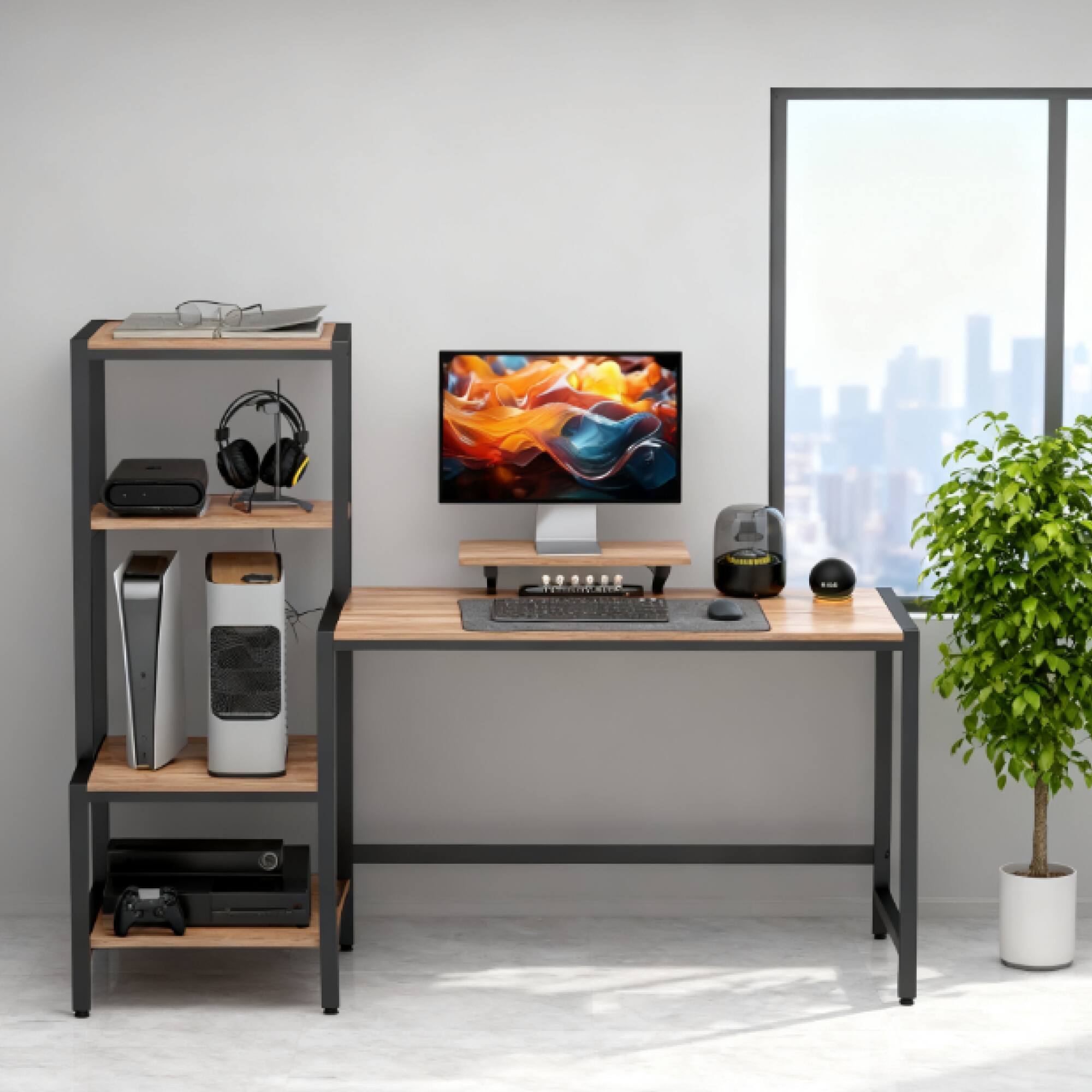 Front. GOODSILO - Industrial Computer Desk with Reversible Shelves and Elevated Monitor Stand for Home Office Workstation - Black+Brown.