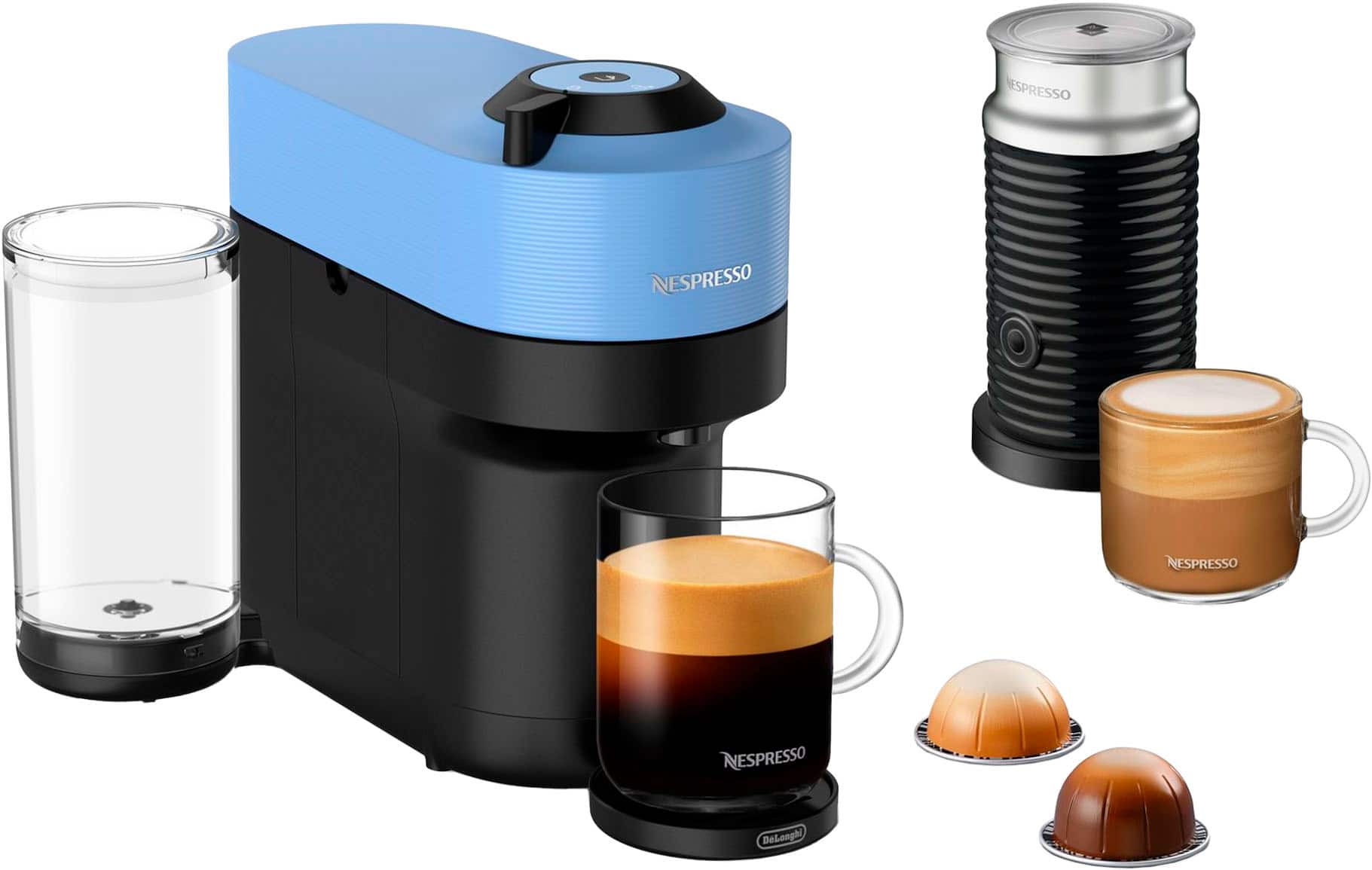 The image features a Nespresso machine, which is a coffee maker. The machine is blue and black and is accompanied by various coffee-making accessories such as cups, a milk frother, and a coffee grinder. There are also coffee beans and a coffee mug in the scene. The Nespresso machine is designed to make espresso, and it is a popular choice for coffee enthusiasts due to its ease of use and high-quality coffee.