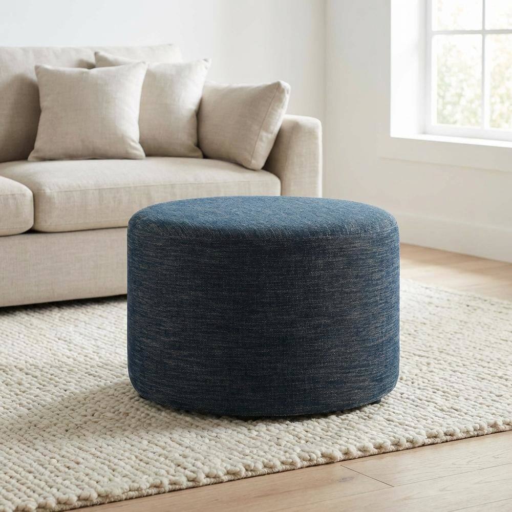 Left. Outdoor Escape - Round Woven Heathered Fabric Ottoman with Cushioned Top for Outdoor Lounge - Blue.