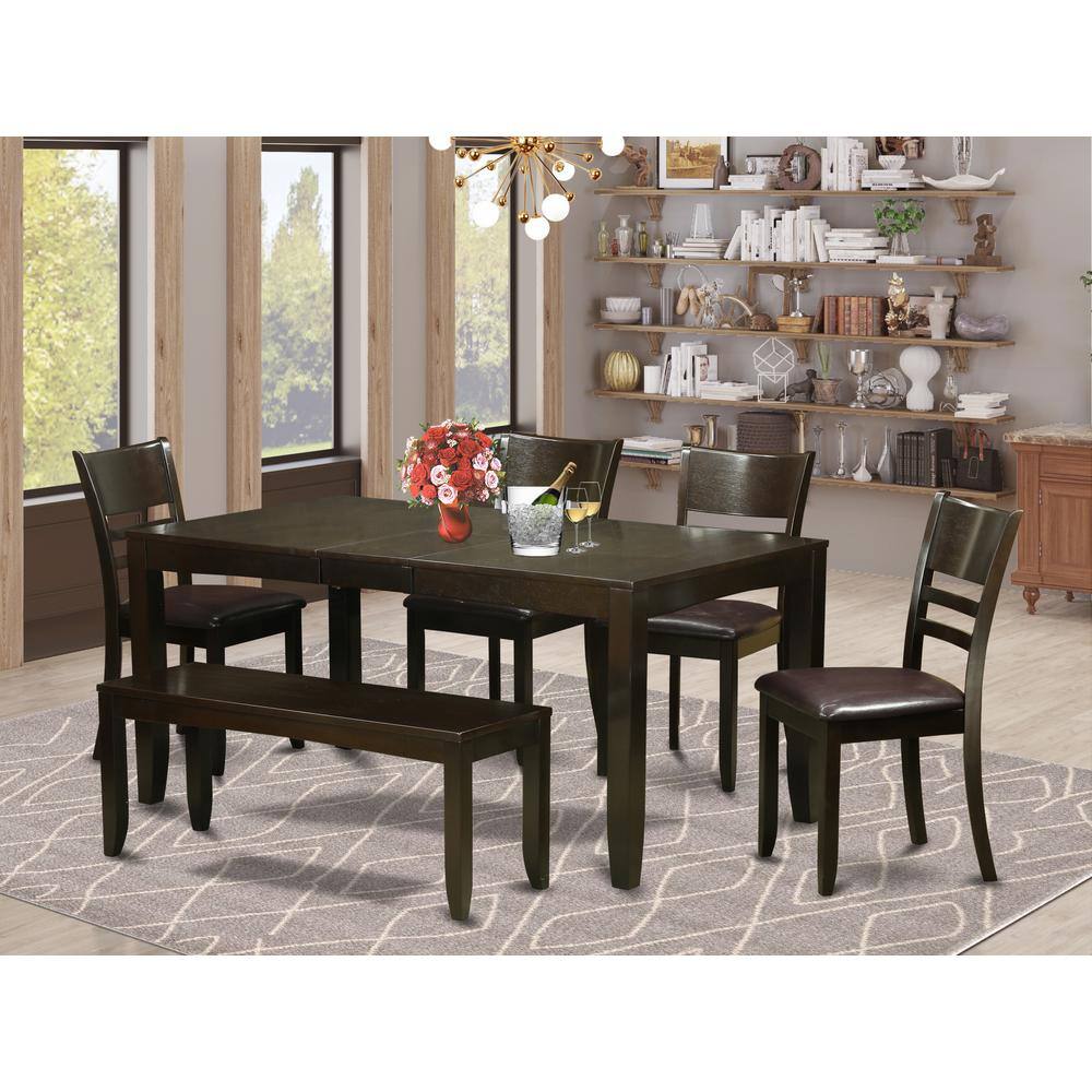 Alt View 2. East West Furniture - 6 PC Dining set with bench-Dining Table with Leaf and 4 Dining Chairs Plus Bench - Cappuccino.