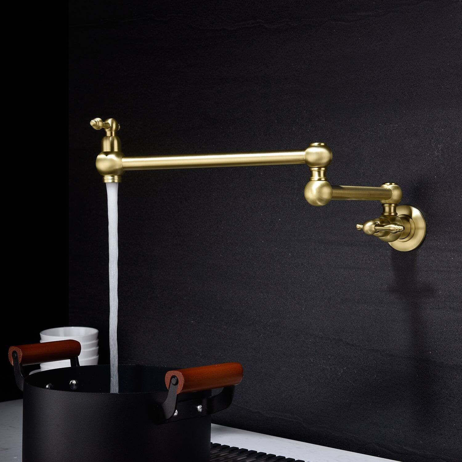 Alt View 3. Boyel Living - Brushed Gold Wall Mounted Pot Filler Double Handle Kitchen Faucet Folding Drip Free - Brushed Gold.