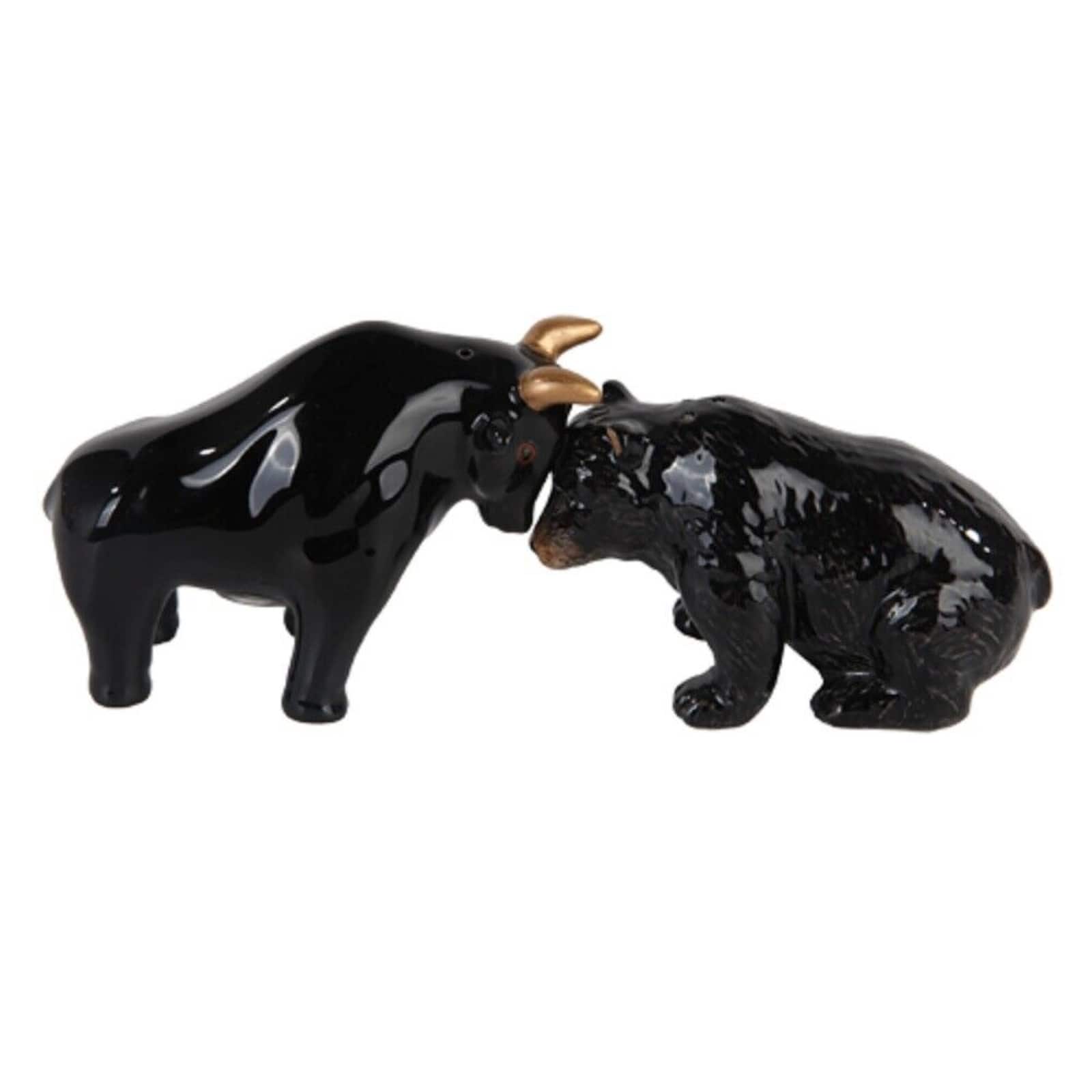Pacific Trading - The Bull and Bear Battle Magnetic Ceramic Salt and Pepper Shaker Set 3.25 inches - Black
