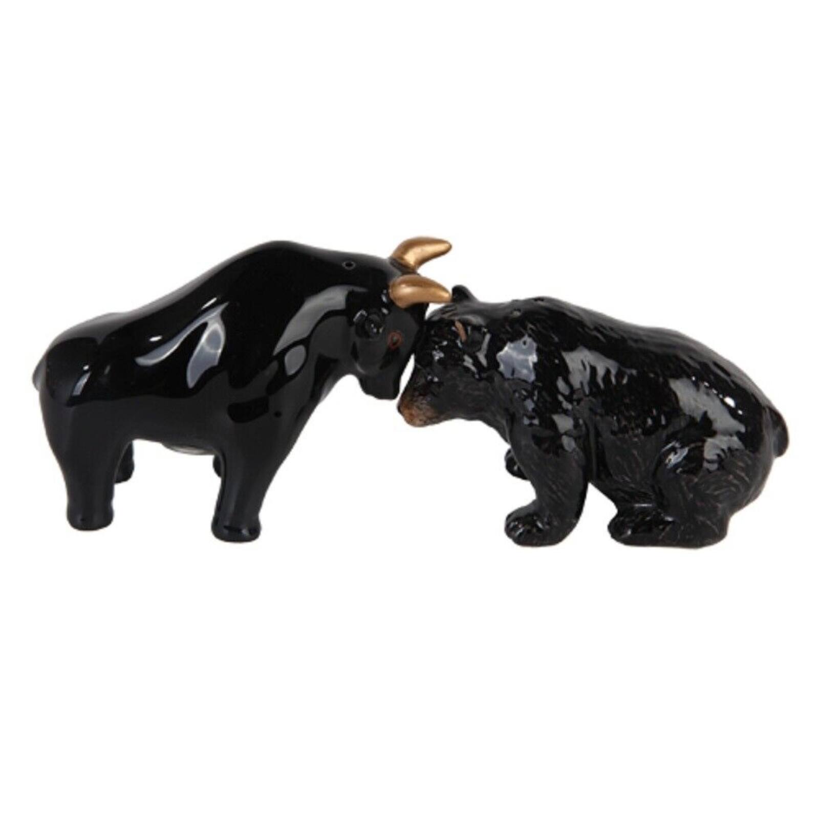 Front. Pacific Trading - The Bull and Bear Battle Magnetic Ceramic Salt and Pepper Shaker Set 3.25 inches - Black.