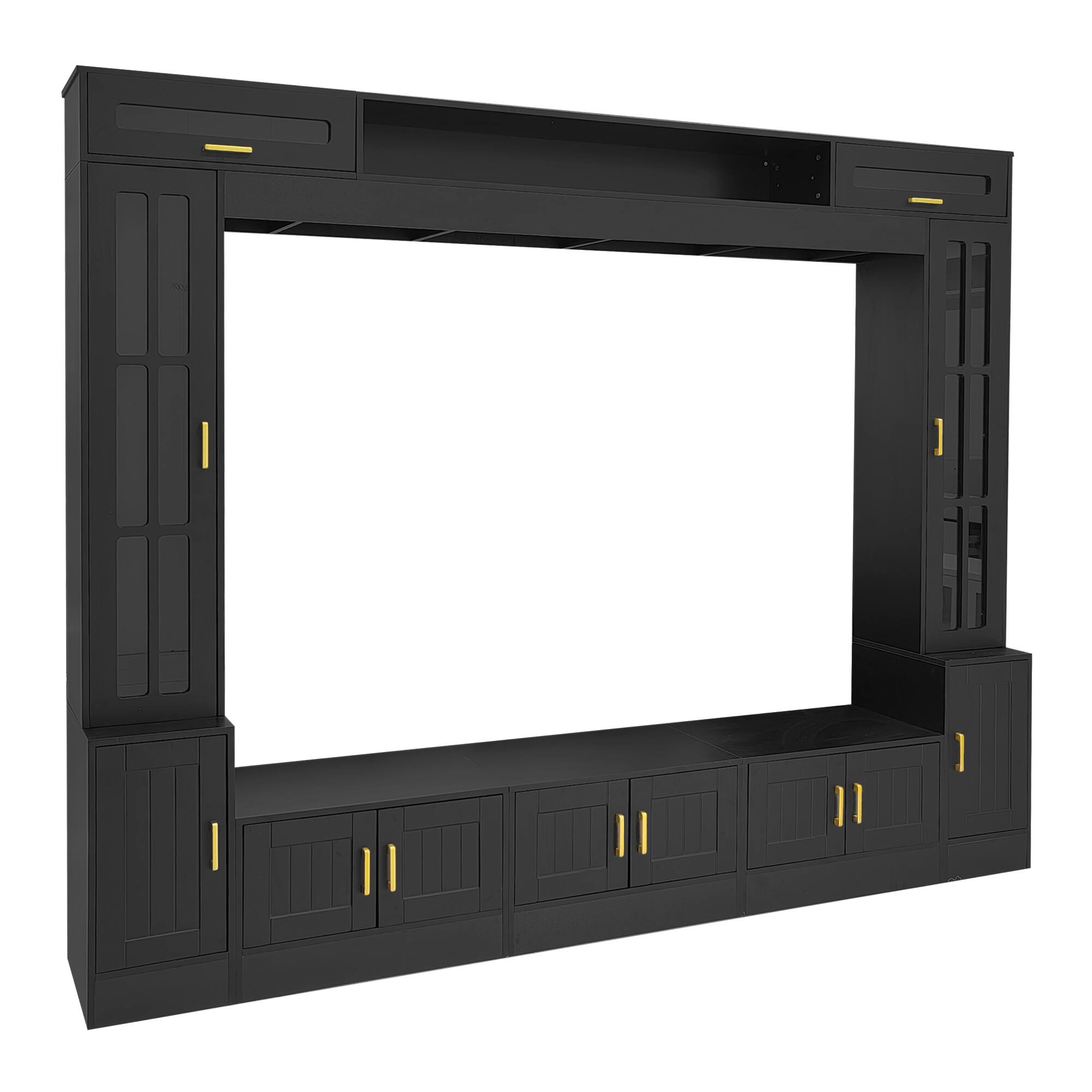 Angle. PexFix - Modern Entertainment Center for 80" TVs, Wall Unit with Bookshelves, Glass Door Cabinets & Adjustable Shelves - Black.