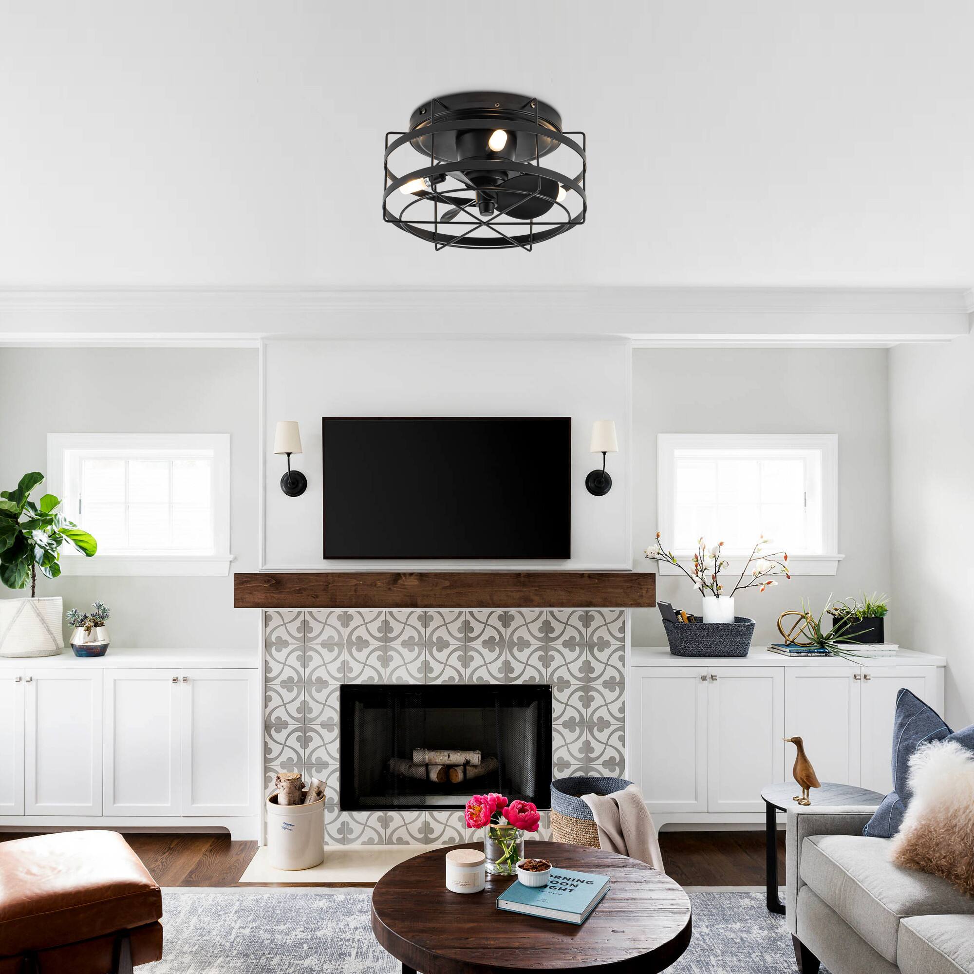 Left. Parrot Uncle - 13" Farmhouse Flush Mount Ceiling Fan with LED Light and Remote - Matte Black.