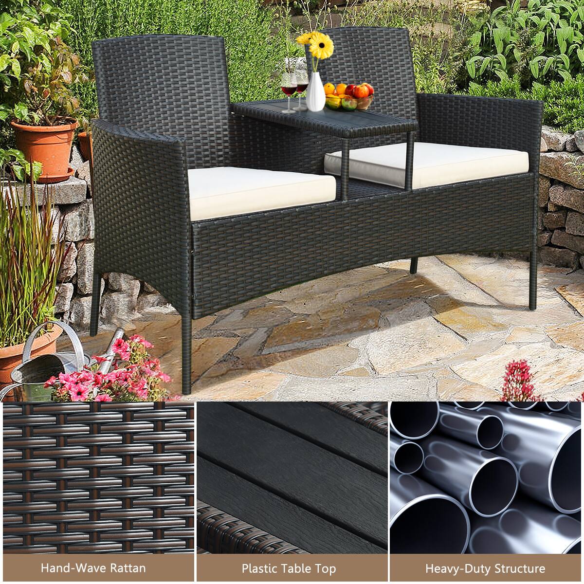 Hand-Wave Rattan, Plastic Table Top, Heavy-Duty Structure