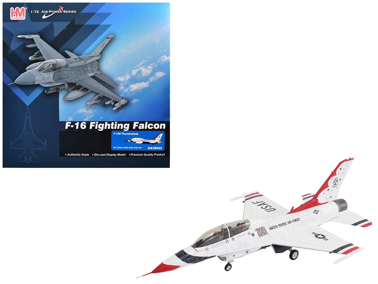 Hobby Master - Lockheed F-16D Fighting Falcon "No.7 Thunderbirds Nellis AFB 2017" USAF 1/72 Air Power Series Diecast Model - White