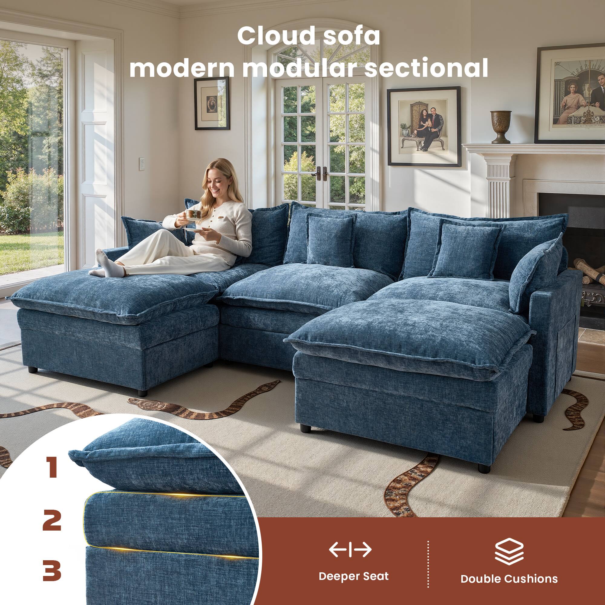 Cloud sofa modern modular sectional

1. Deeper Seat
2. Double Cushions