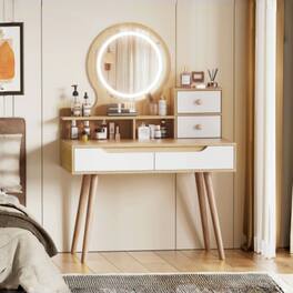 LUCKY ONE - Vanity Desk with 3-Color Adjustable Lighted Mirror, 4 Drawers and 3 Shelves for Small Bedroom - Ameican White Oak