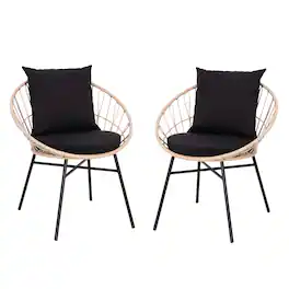Emma + Oliver - Ari Set of Two All-Weather Boho Papasan Style Finish Faux Rattan Rope Patio Chairs with Cushions - Black Fabric/Tan Frame