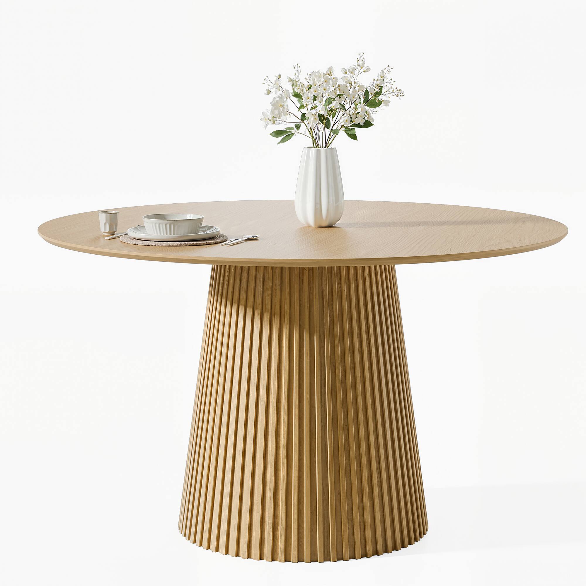 Alt View 4. PexFix - Minimalist Farmhouse Solid Oak Dining Table, 46" Round with Tapered Pedestal Base for 4 - Natural.