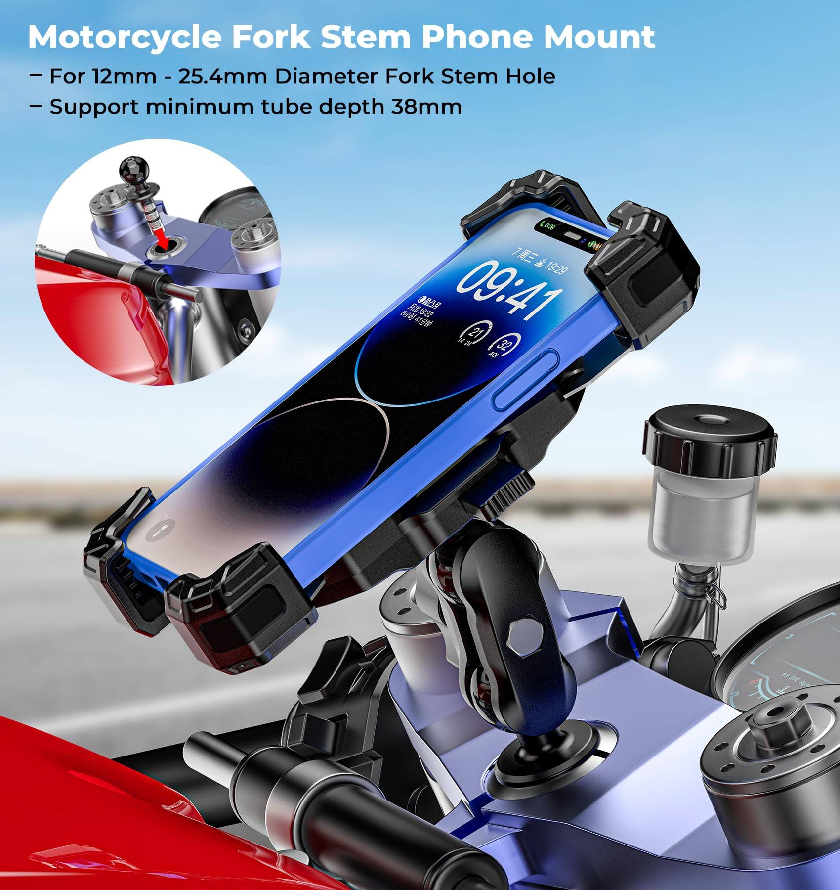 13.3-14.7mm Motorcycle Fork Stem Phone Mount Quick Grip Holder for iPhone SE 2 (2020) (sku 53333)