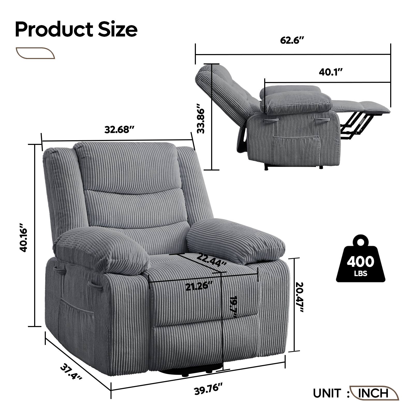 Product Size: 62.6" x 40.1" x 32.68" x 33.86" x 40.16" x 22.44" x 21.26" x 19.7" x 20.47" x 400 LBS.