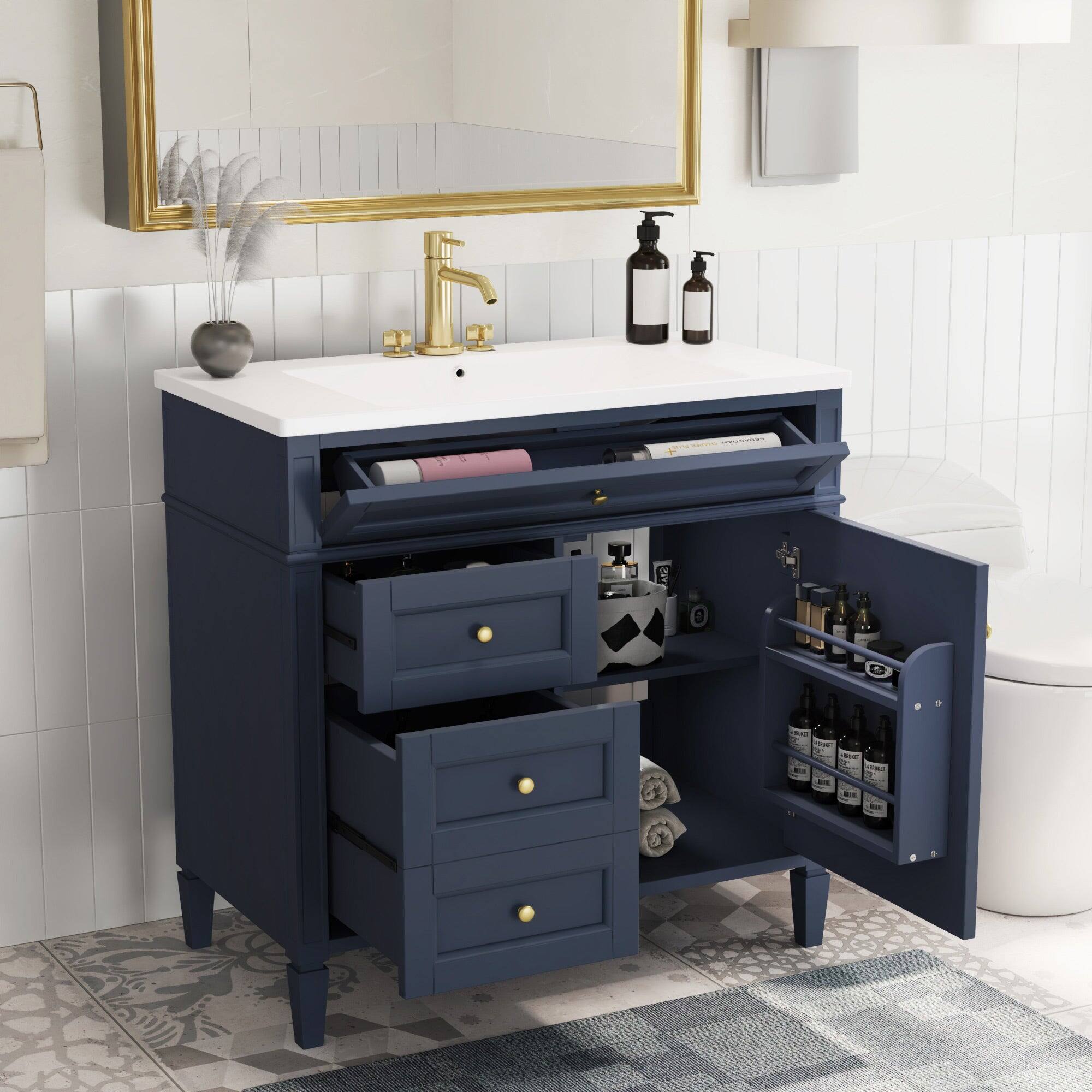 Alt View 5. Boyel Living - 36 Inch Modern Bathroom Vanity with Top Sink Two Drawers Tip Out Blue - Blue.