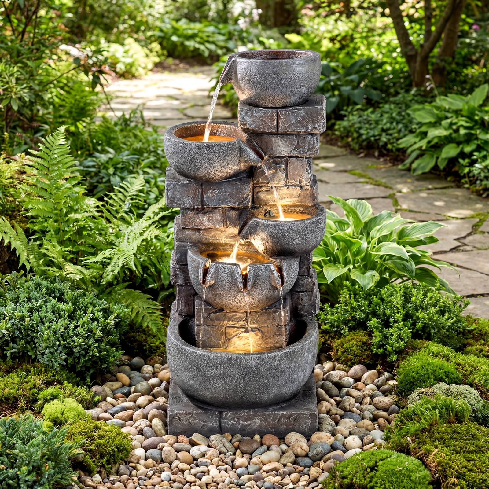 Alt View 3. Costway - Costway 33" 5-Tier Outdoor Water Fountain with LED Lights for Patio Backyard Porch Deck - Gray.