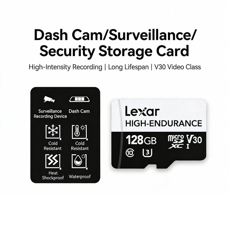 Dash Cam/Surveillance/Security Storage Card  
High-Intensity Recording | Long Lifespan | V30 Video Class  
Surveillance Dash Cam Recording Device  
Cold Resistant  
Heat Shockproof  
Waterproof  
Lexar HIGH-ENDURANCE 128GB microSDXC I V30 C10 U3