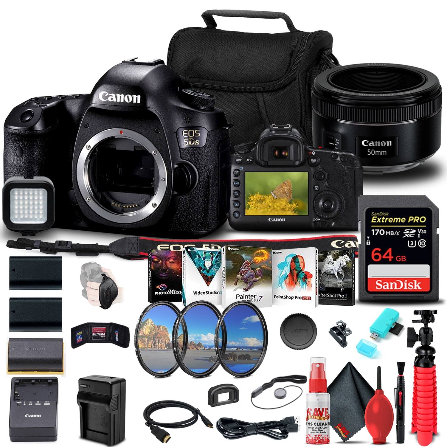 Canon EOS 5Ds  
Canon 50mm  
SanDisk Extreme PRO 64 GB  
VideoStudio 2  
Painter 7  
PaintShop Pro  
SanDisk 170 MB/s V30 XC  
Canon  
Canon AVE  
Canon Lens Cleaning Kit  
Canon Lens Hood  
Canon Strap  
Canon Battery Charger  
Canon Battery  
Canon Lens Cap  
Canon Lens Cleaning Spray  
Canon Lens Cleaning Cloth  
Canon Tripod  
Canon Flash