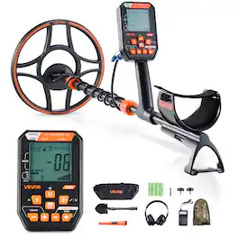 VEVOR - Waterproof Metal Detector, 12", Professional High Accuracy Gold Detector for Adults, with Display, Wireless Headphones - Black and orange