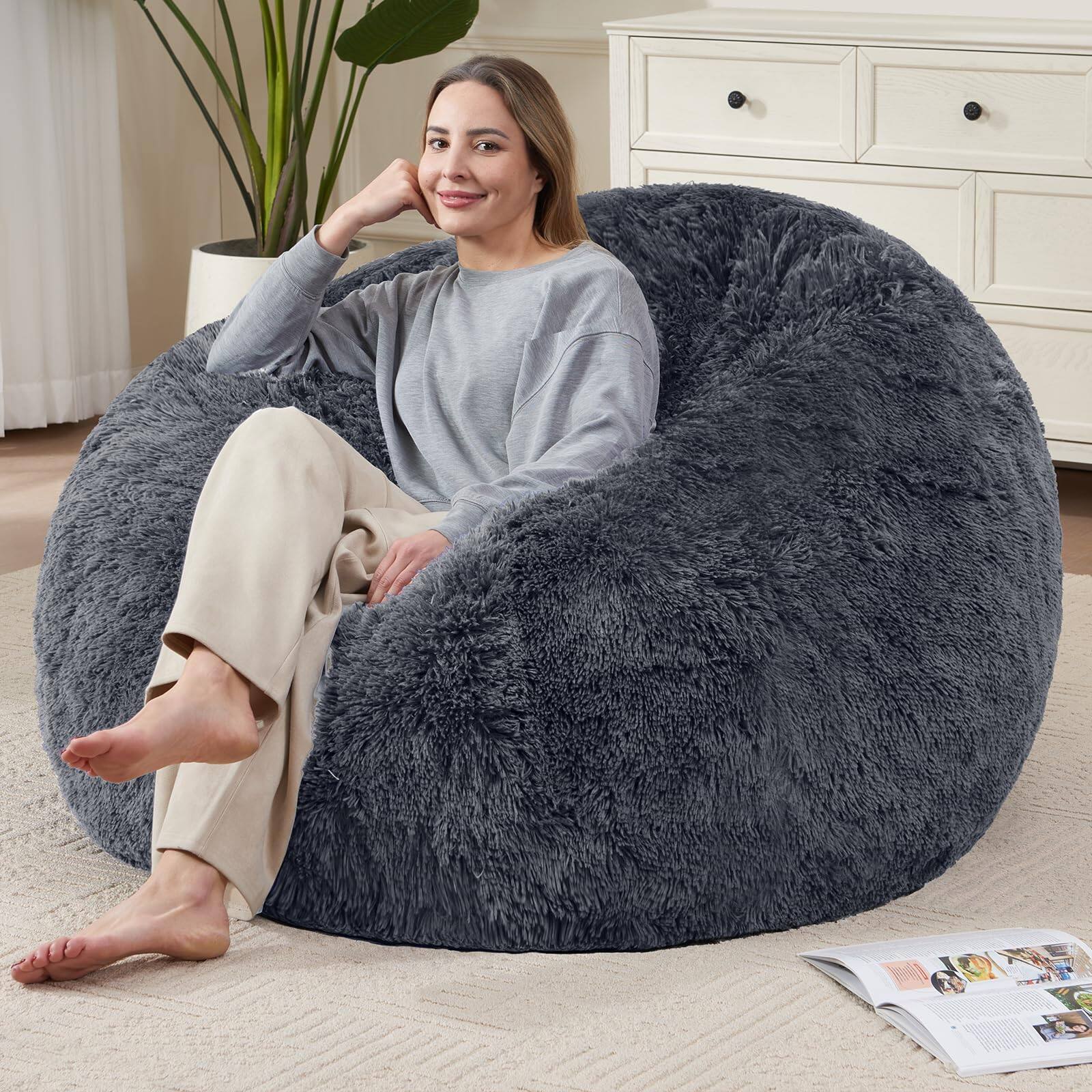 Front. JETRANSPORT - Soft Colorful Bean Bag Chairs Cover For Adults Teens Comfy Plush Fabric Gaming With Anti-slip Bottom - Dark Grey (Cover Only) L For Adult.