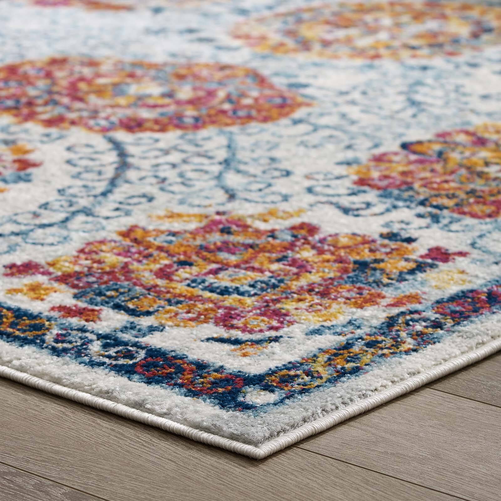 Back. Modway - Entourage Kensie Distressed Floral Moroccan Trellis Area Rug - Ivory Blue Red Orange Yellow.